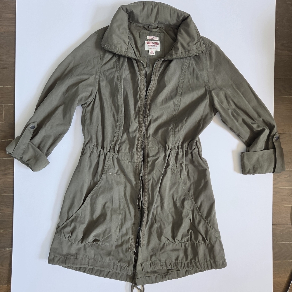 Mossimo Women’s Medium Green Roll Tab Sleeve Zip Jacket Hideaway Hood Thin sz M